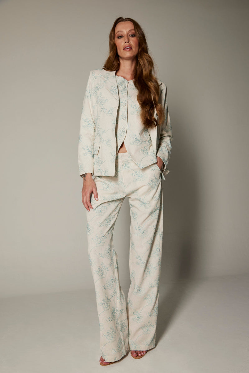 Calça de Alfaiataria em Linho Bordado Azul "Tessalia"