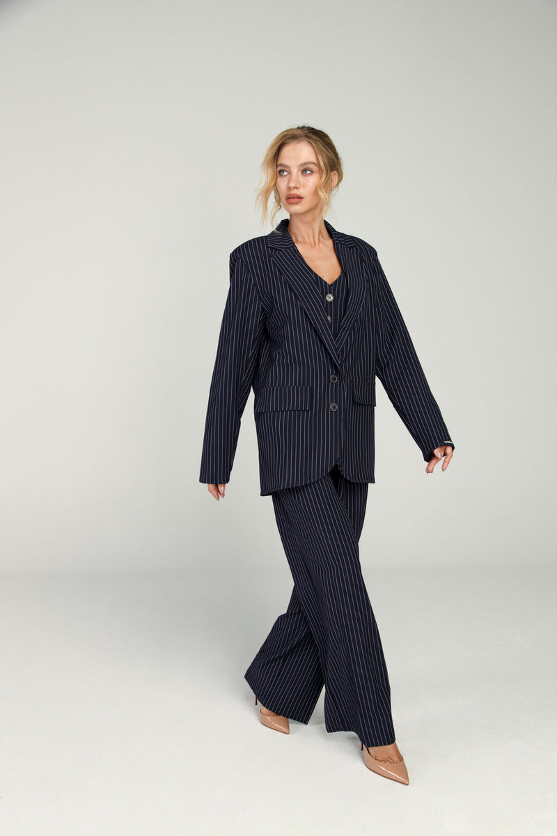 Calça de Alfaiataria Risca de Giz Azul Marinho "La Parisienne”