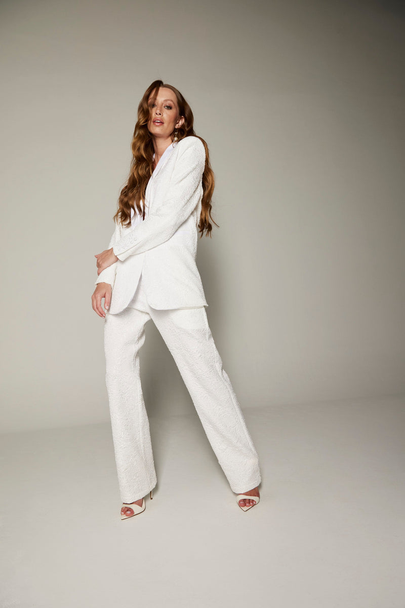 Calça de Alfaiataria Jacquard "Rosas Brancas"