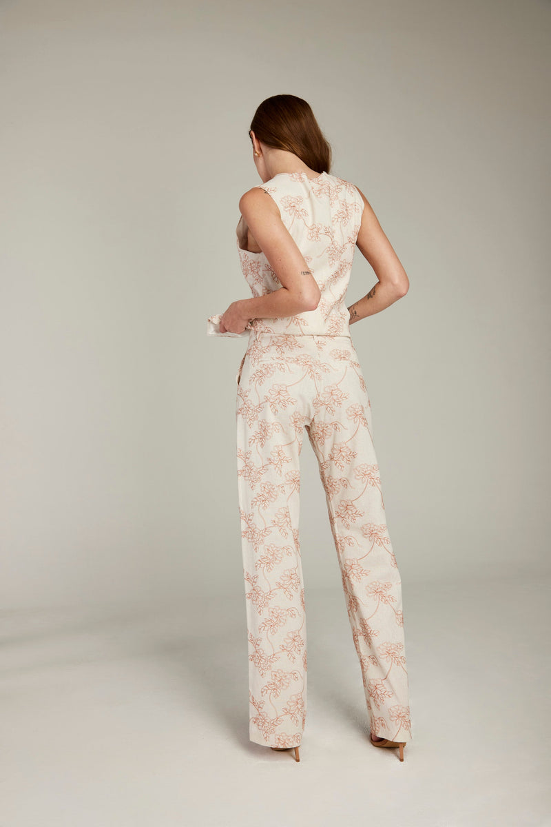 Calça de Alfaiataria em Linho Bordado Laranja "Tessalia"